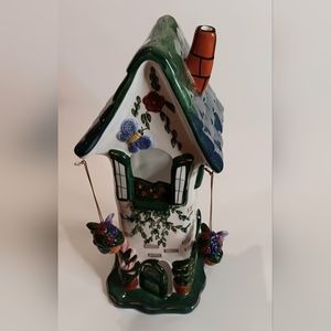 Vintage Ceramic Cottage House Tea Light Candle Holder with Hanging Flowers